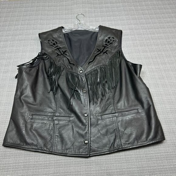 Vintage Leather Biker Vest Women XL + Custom Made Fringe Cutout Roses Extensions - Picture 1 of 10